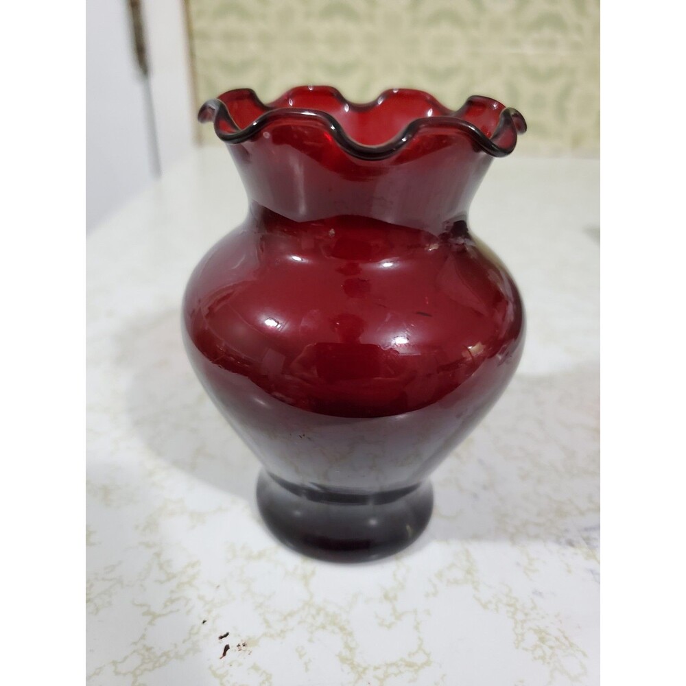 Vintage Anchor Hocking Ruby Red Bud Vase Ruffled Top 4"